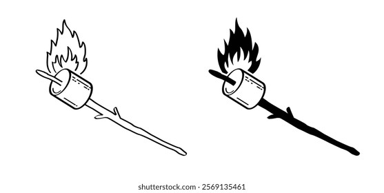 Drawing cartoon sugar marshmallow on wooden stick and fire. Sweet marshmallow for bbq, cooking icon or symbol. Delicious, tasty white marshmallows. Eating roasted candies sweets.