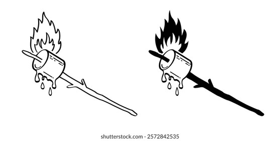 Drawing cartoon sugar marshmallow on wooden stick and fire. Sweet marshmallow for bbq, cooking icon or symbol. Delicious, tasty white marshmallows. Eating roasted candies sweets.