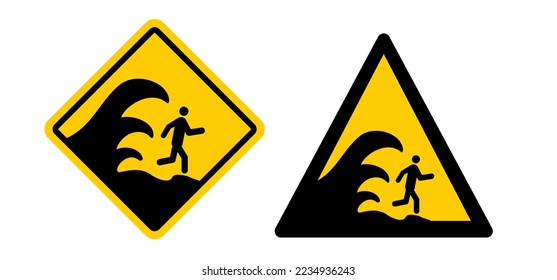 Drawing cartoon tsunami warning, shock wave. A tsunamis is an extremely high wave from the sea that unexpectedly floods the coast, usually caused by a seaquake. information sign.