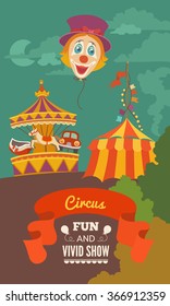 Drawing Cartoon Vector Illustration. Landscape of Circus and Carousel, with Red Ribbon 