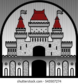 drawing of castle with red roofs in flat style for your design
