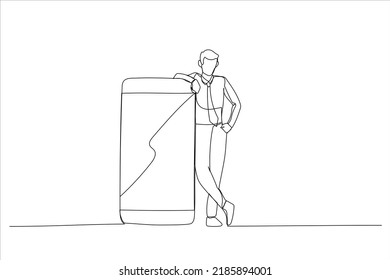 Drawing of casual guy standing and leaning on huge giant cell phone with empty white screen template. Single continuous line art
