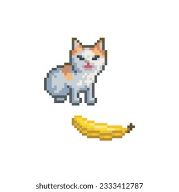 Drawing of cat and a banana, pixel art meme