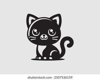 Un dibujo de un gato con ojos grandes y negro