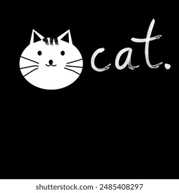 Drawing of a cat with black and white, a cute smiling cat, with the word cat written on it. Used to make fabric patterns or various work scenes
