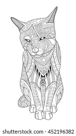 Drawing cat for the coloring book for adults. Vector illustration in zentangle style. Isolated on white background.