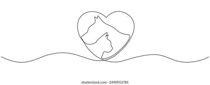 Drawing of a cat and a dog in a heart frame, drawn with one continuous line. Single line design of beautiful pet faces for veterinary clinic. Concept of love for animals. Vector editable illustration.