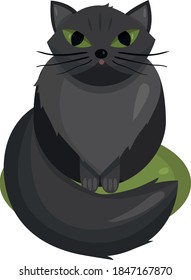 Drawing of a cat with green eyes. The drawing conveys the character of a cunning cat.
