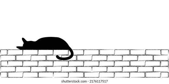 Drawing cat line pattern. sleeps, rests or dreams on the wall. Kitty silhouette pictogram or symbol. Flat vector sleeping cartoon sketch icon. Animals day or Cat day. 