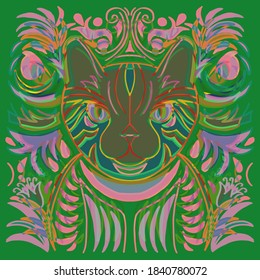 Drawing of a cat with a multicolored ornament. For draping on fabric.