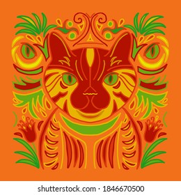 Dibujo de un gato con un ornamento multicolor. Para vestir tela.