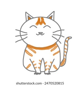 It is a drawing of a cat with orange stripes, white body, fat, sitting and smiling. Cats are pets. It is a lucky symbol in many countries. It is a cute, affectionate animal.