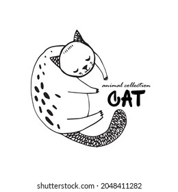 Drawing of a cat. Silhouette of a sleeping cat. Children's sketch of a cat. Pet
