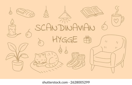 A drawing of a cat sleeping on a rug with a chair and a book in the background. The image is titled "Scandinavian Hygge" and features a variety of items such as a potted plant, a vase