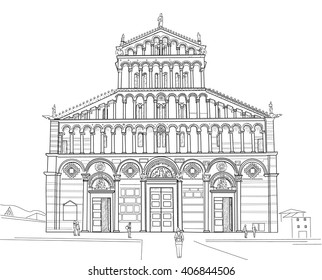 Drawing Cathedral of Santa Maria Assunta in Pisa. Italy