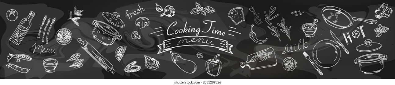 Drawing with chalk on a blackboard with vegetables and kitchen utensils, cook