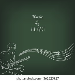 Drawing with chalk on a green chalkboard - male guitarist. Musical illustration. Background for a poster or advertising design.