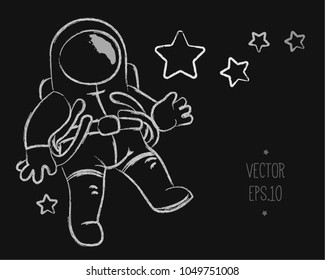 drawing chalk on a slate astronaut in zero gravity, outer space and stars. Vector line sketch. Illustration cartoon