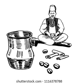drawing of character with coffee,  sketch of a hand-drawn vector illustration