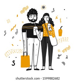 The drawing character of couple. The appearance and lifestyle. Collection of hand drawn. Vector illustration in sketch doodle style.