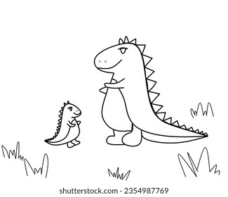 Drawing character dinosaurs mom and little child playing together | Line art with black color stock illustration for book coloring, t-shirt, e.t.c