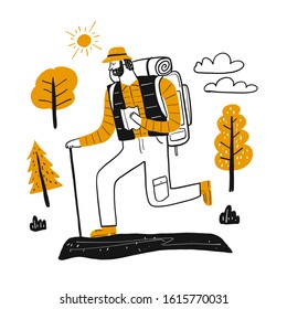 The drawing character male tourists in mountain climbing set, Vector illustration in sketch doodle style.