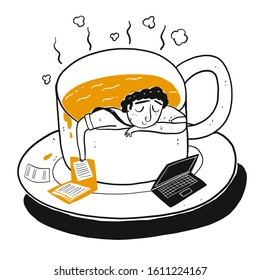 The drawing character a man in cup of coffee. Vector illustration in sketch doodle style.