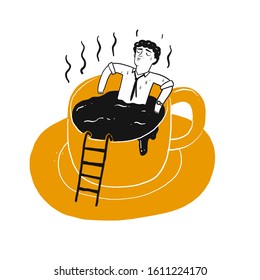 The drawing character a man in cup of coffee. Vector illustration in sketch doodle style.