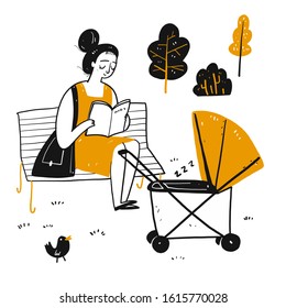 The drawing character a novice mother is reading on the park bench. There is a baby carriage nearby, Vector illustration in sketch doodle style.