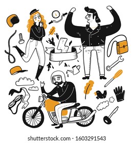 The drawing character of people are biker. Collection of hand drawn. Vector illustration in sketch doodle style.