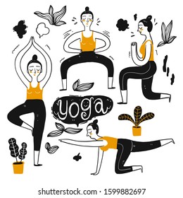 The drawing character of people playing yoga. The appearance and lifestyle. Collection of hand drawn. Vector illustration in sketch doodle style.