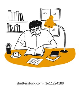 The Drawing Character Of People Reading A Book. Vector Illustration In Sketch Doodle Style.