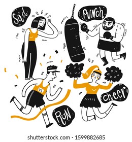 The drawing character of people are sad, run, cheer. The appearance and lifestyle. Collection of hand drawn. Vector illustration in sketch doodle style.