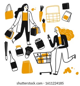 The drawing character of people shopping. Vector illustration in sketch doodle style.