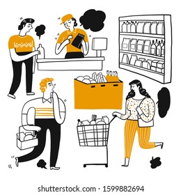 The drawing character of people in supermarket. The appearance and lifestyle. Collection of hand drawn. Vector illustration in sketch doodle style.