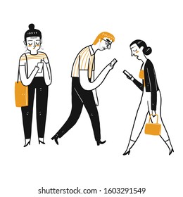 The drawing character of people are using a smartphone.
. Collection of hand drawn. Vector illustration in sketch doodle style.