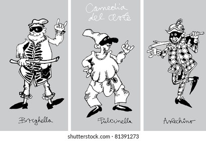 drawing of the characters of the Commedia del arte