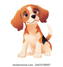 Um desenho de um charmoso cão Beagle sentado em suas patas traseiras, sorrindo doce enquanto espera por seu dono. Criado em estilo de vetor. Perfeito para uso em projetos de design, adesivos e folhetos.