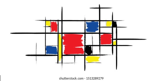 Drawing checkered Piet Mondrian style emulation. The Netherlands art history and Holland painter. Dutch mosaic or checker line pattern banner or card. Geometric seamless elements Retro pop art pattern