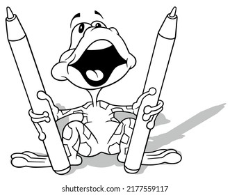Dibujo de una rana alegre sosteniendo dos marcadores - Ilustración de dibujos animados aislada en fondo blanco, vector