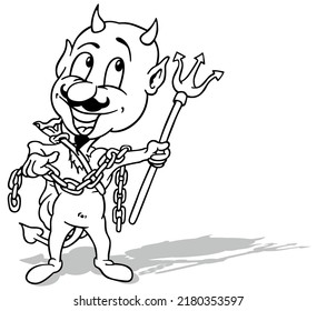 Drawing of a Cheerful Horned Devil Holding a Trident - Cartoon Illustration Isolated on White Background, Vector