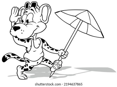 Drawing of a Cheerful Leopard with a Parasol in its Paw - Cartoon Illustration Isolated on White Background, Vector