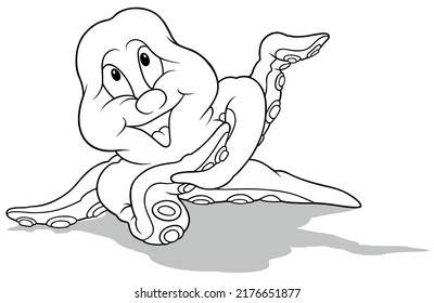 Drawing of a Cheerful Octopus with a Raised Tentacle - Cartoon Illustration Isolated on White Background, Vector