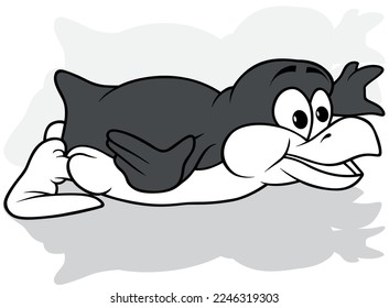 Drawing of a Cheerful Penguin Lying on its Stomach - Cartoon Illustration Isolated on White Background, Vector