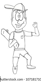 drawing a cheerful young guy standing and holding a skateboard in his hands
