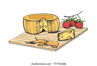 Drawing of cheese head, piece, slices and cherry tomatoes lying on wooden cutting board isolated on white background. Hand drawn delicious appetizer, tasty snack. Colorful vector illustration.