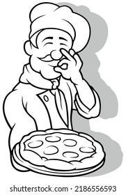 Zeichnung eines Chefkochs, der eine Pizza hält - Cartoon Illustration einzeln auf weißem Hintergrund, Vektorgrafik