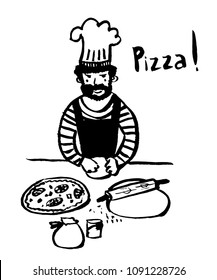 drawing of the chef prepares a pizza on the table with rolling pin, sketch, hand-drawn vector illustration