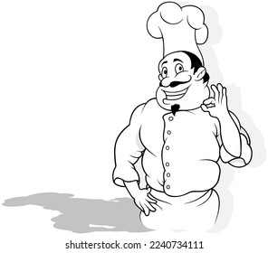 Drawing of a Chef in a White Uniform Showing with his Hand that the Food is a Delicacy - Cartoon Illustration Isolated on White Background, Vector