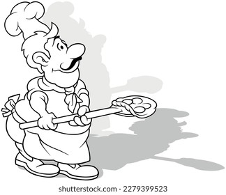 Drawing of a Chef Who Bakes a Pizza - Cartoon Illustrations Isolated on White Background, Vector
